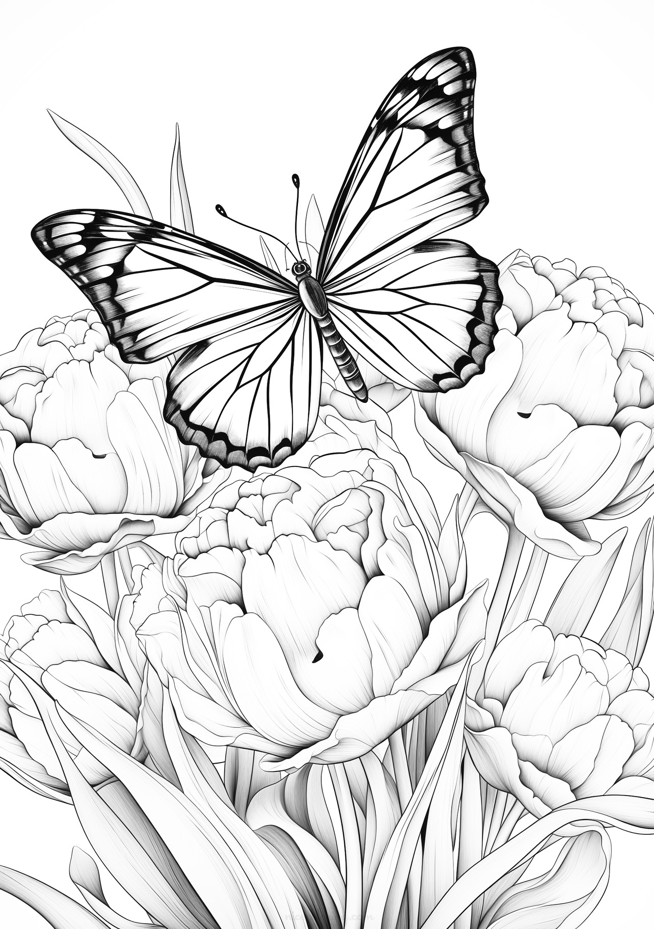 Elegant butterfly perched on blooming flowers ready for coloring