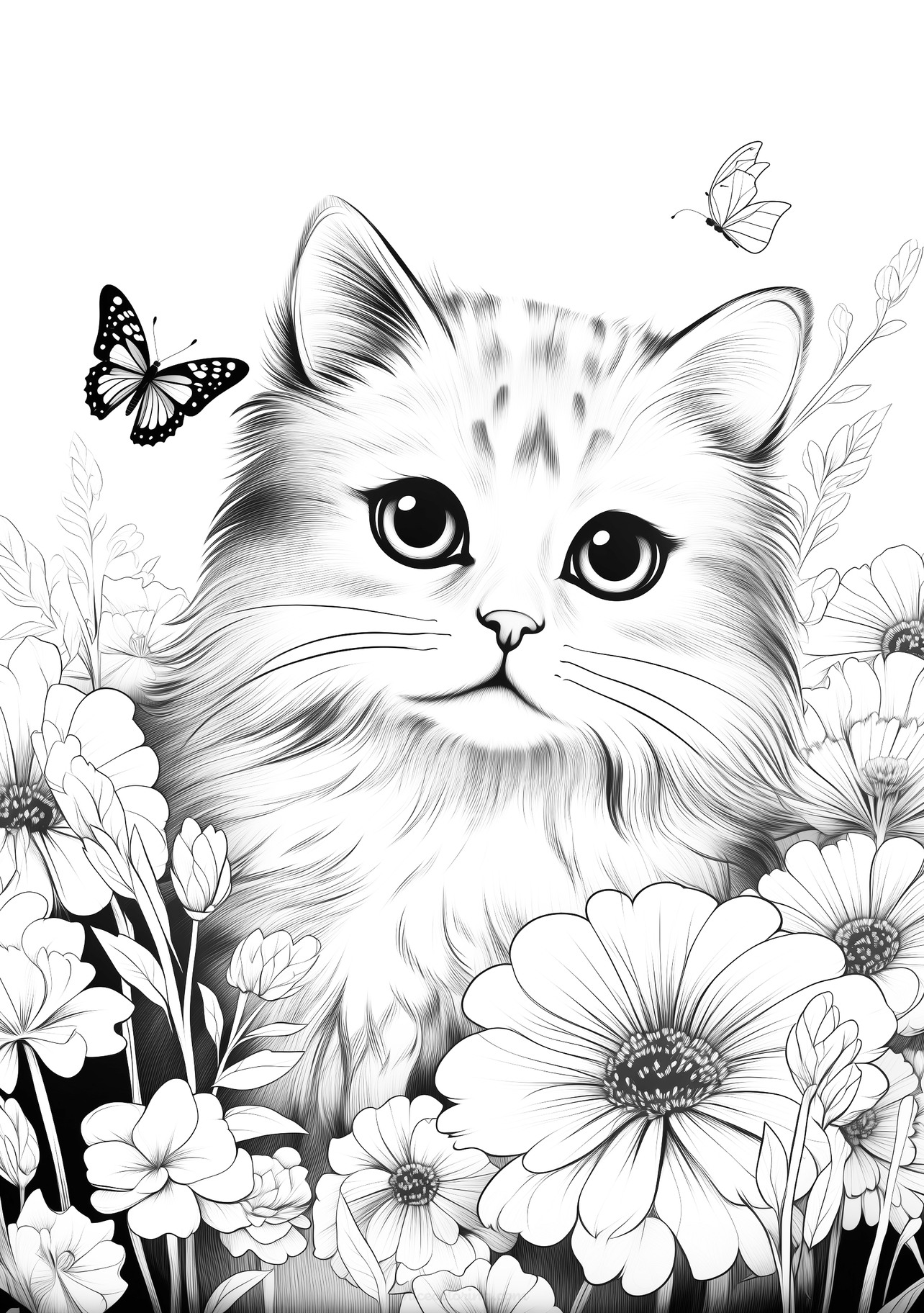 Fluffy cat with a butterfly surrounded by flowers coloring page