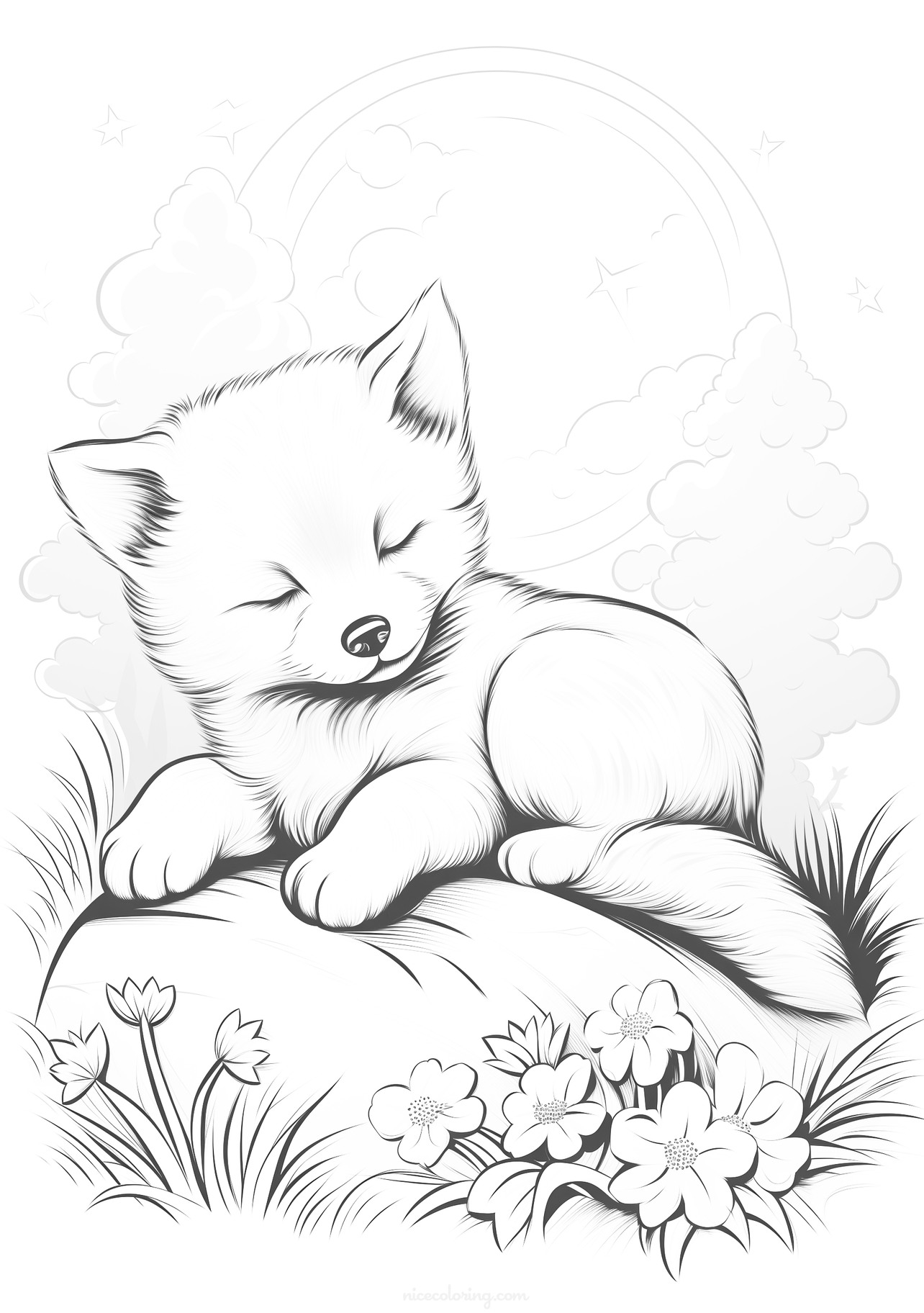 Sleeping puppy on a rock surrounded by flowers coloring page