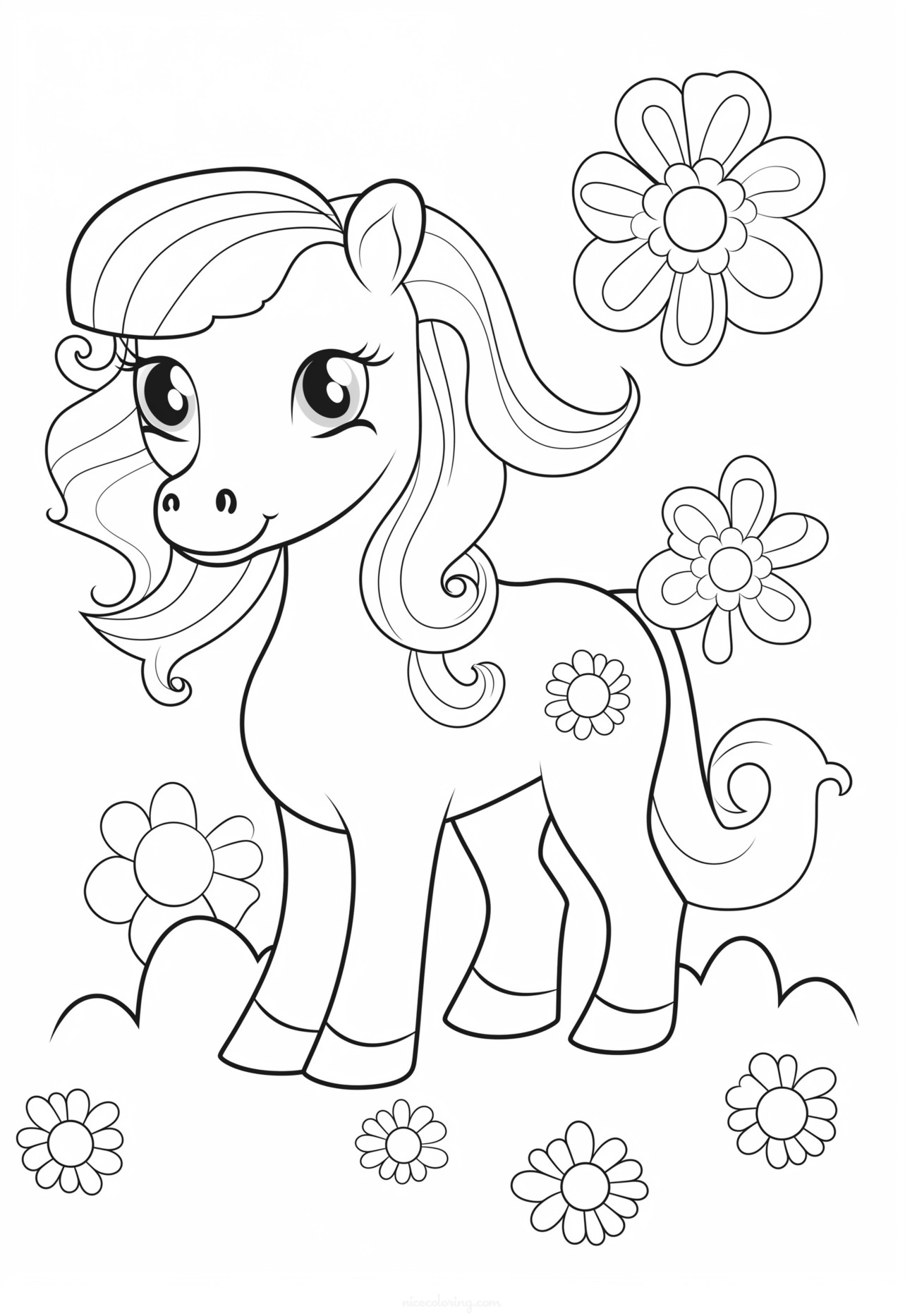 Horse standing in a meadow coloring page