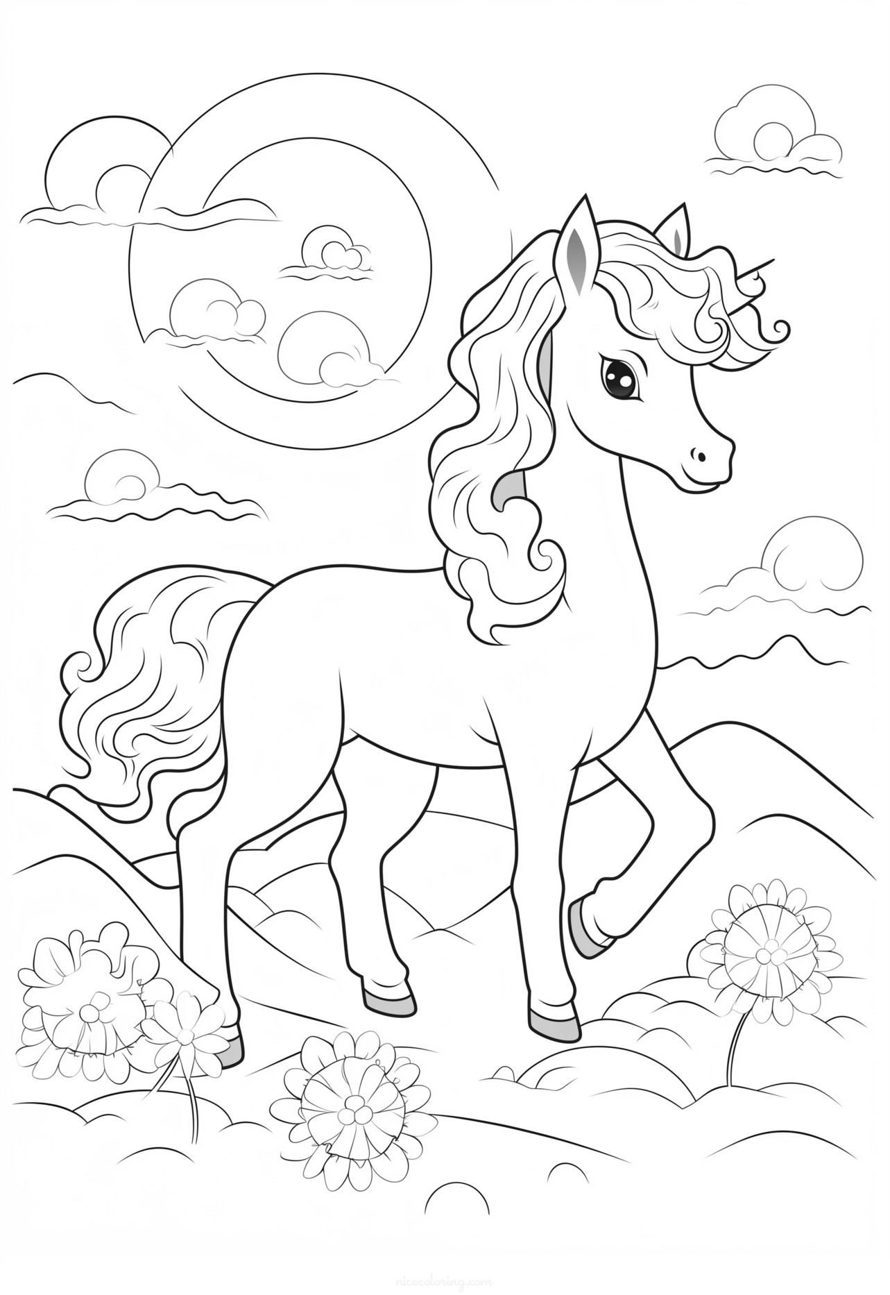 Horse standing in a field coloring page