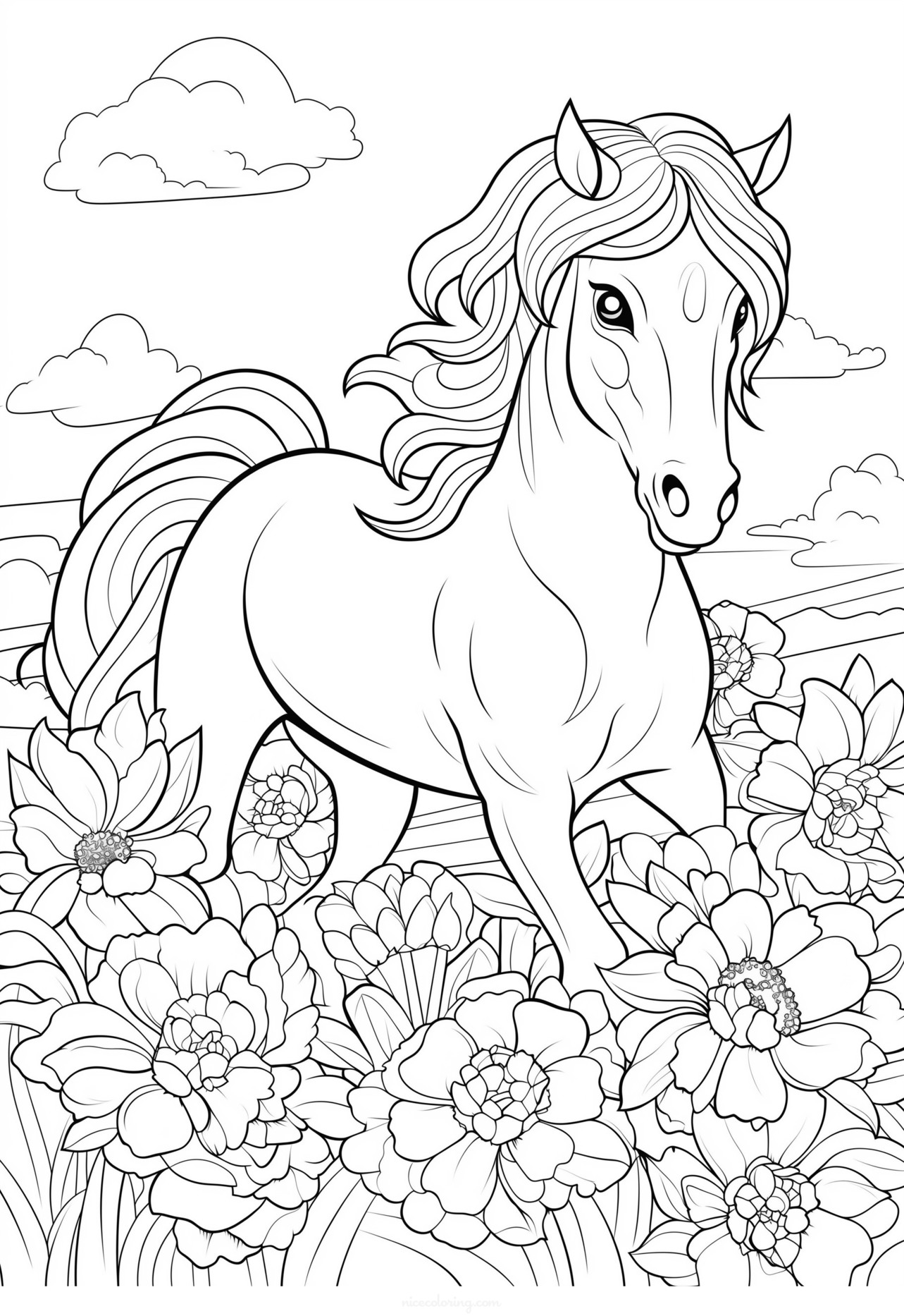 Majestic horse standing in a field coloring page