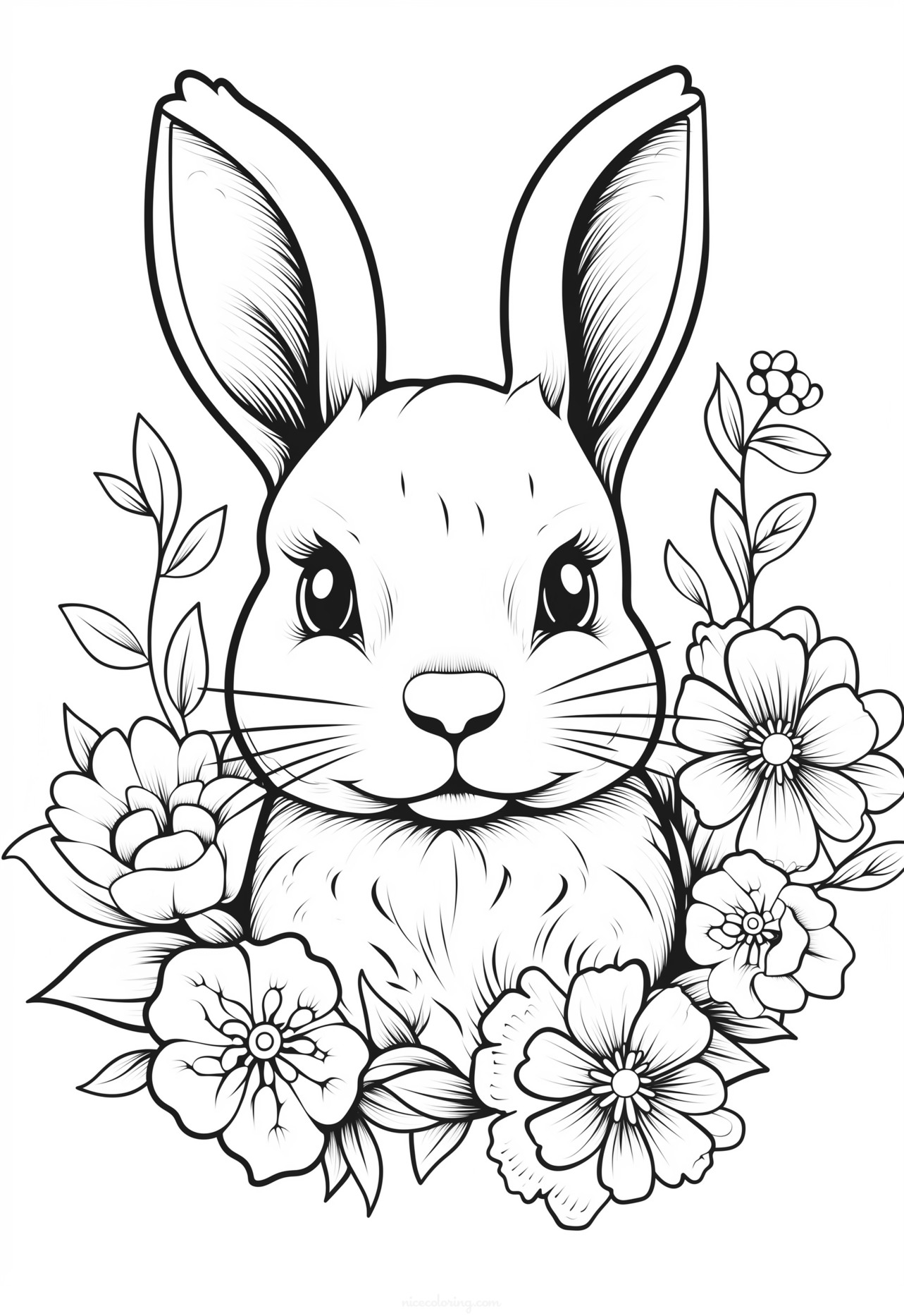 Adorable bunny surrounded by flowers coloring