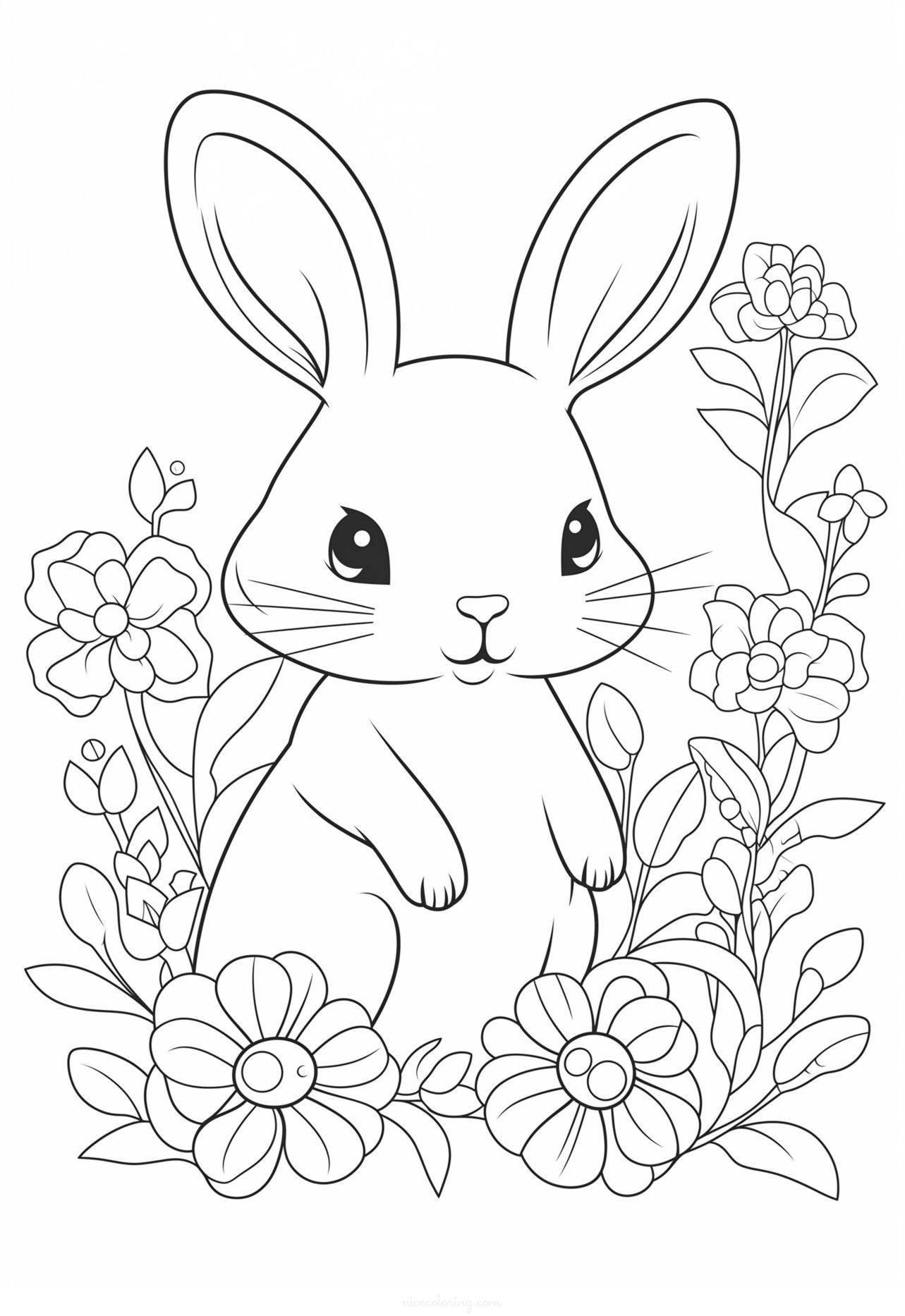 Coloring of a rabbit among flowers