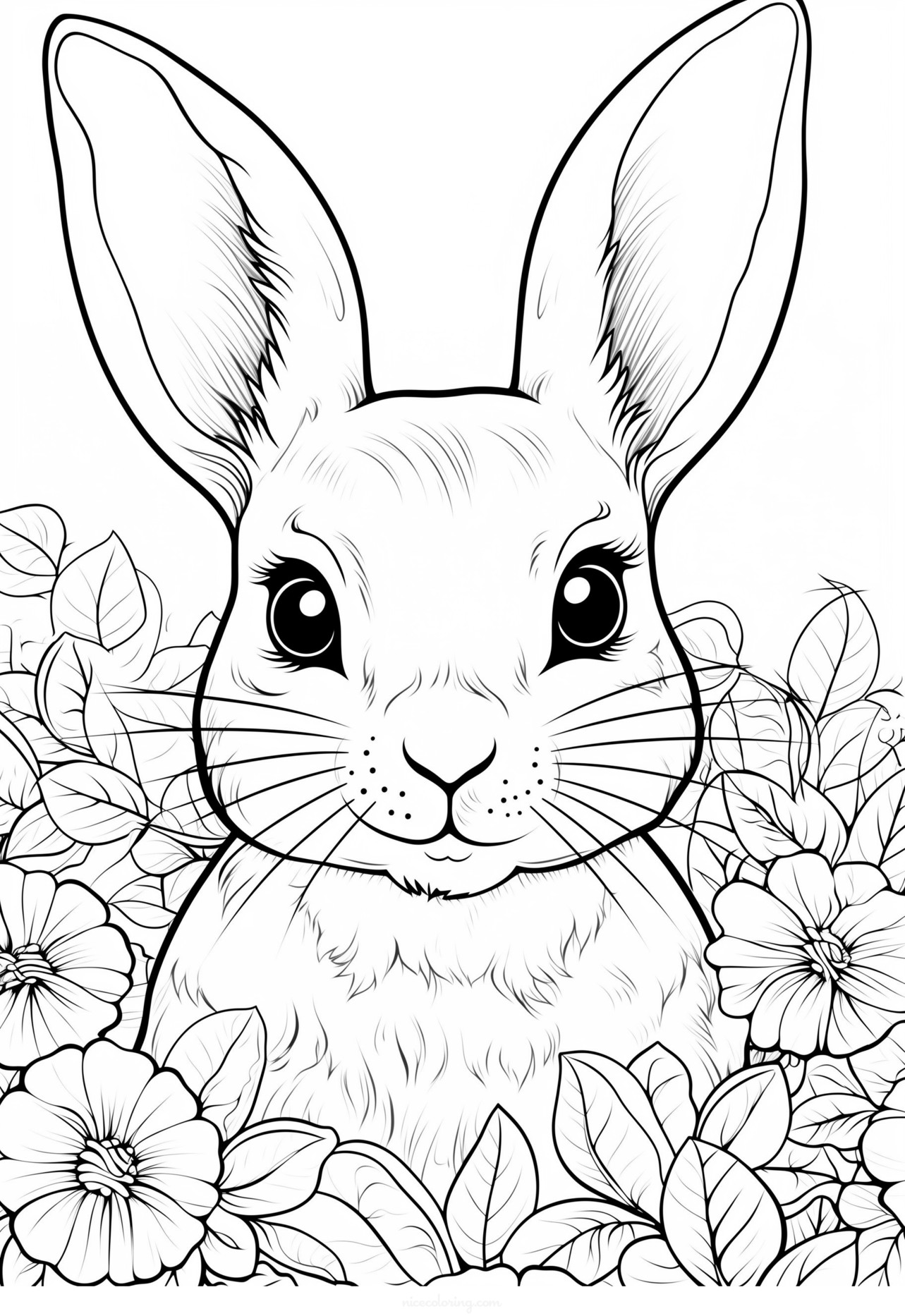 Cute rabbit surrounded by flowers coloring page