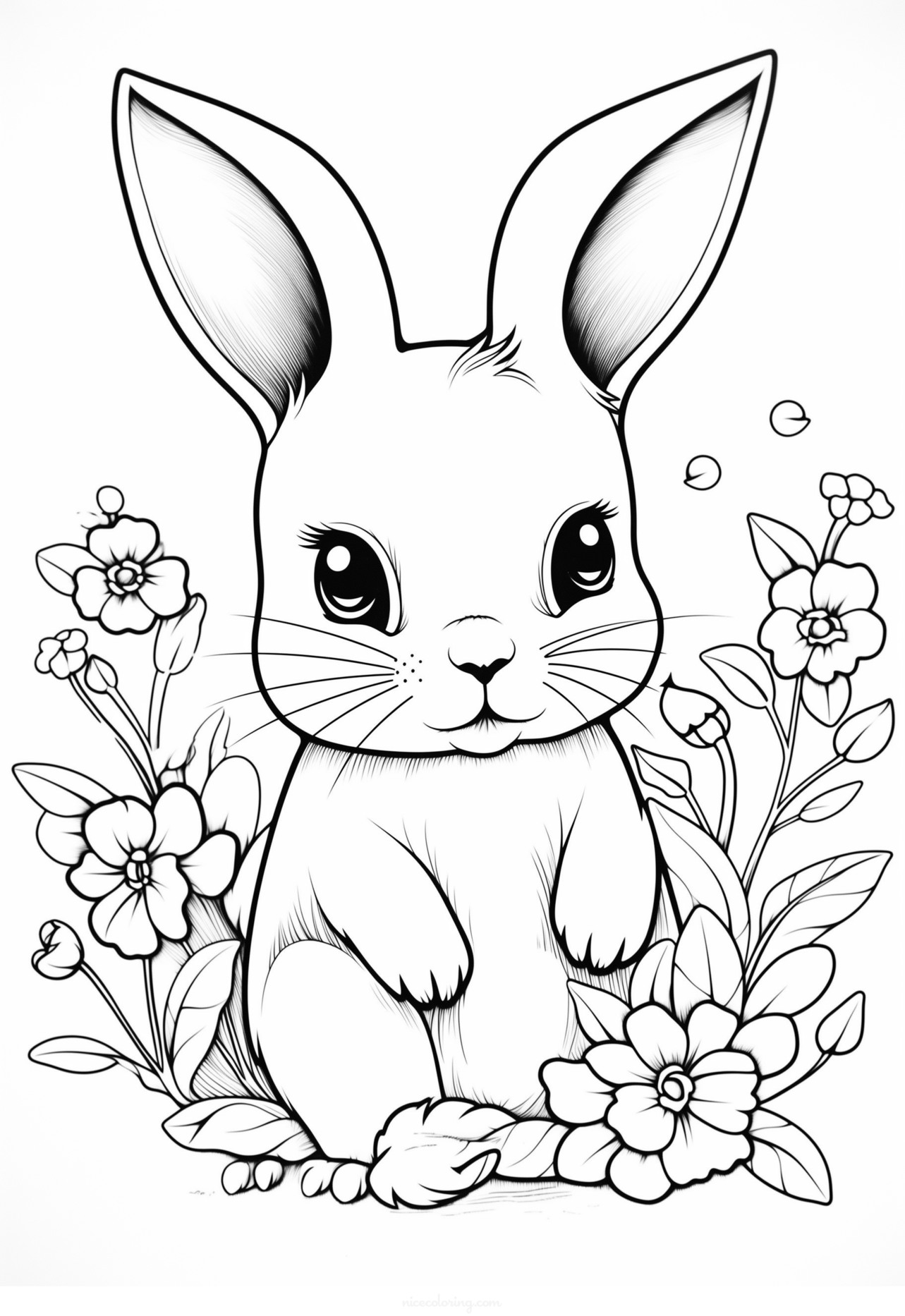 A joyful rabbit surrounded by a variety of flowers coloring page