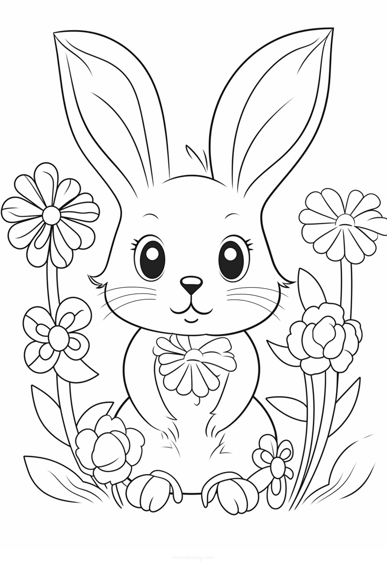 Rabbit surrounded by flowers coloring page