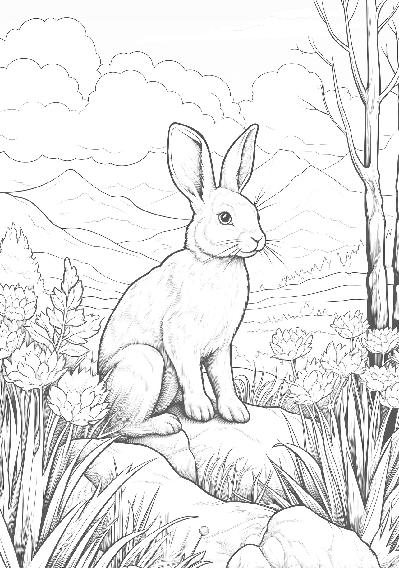 A serene rabbit sitting among flowers and nature ready for coloring
