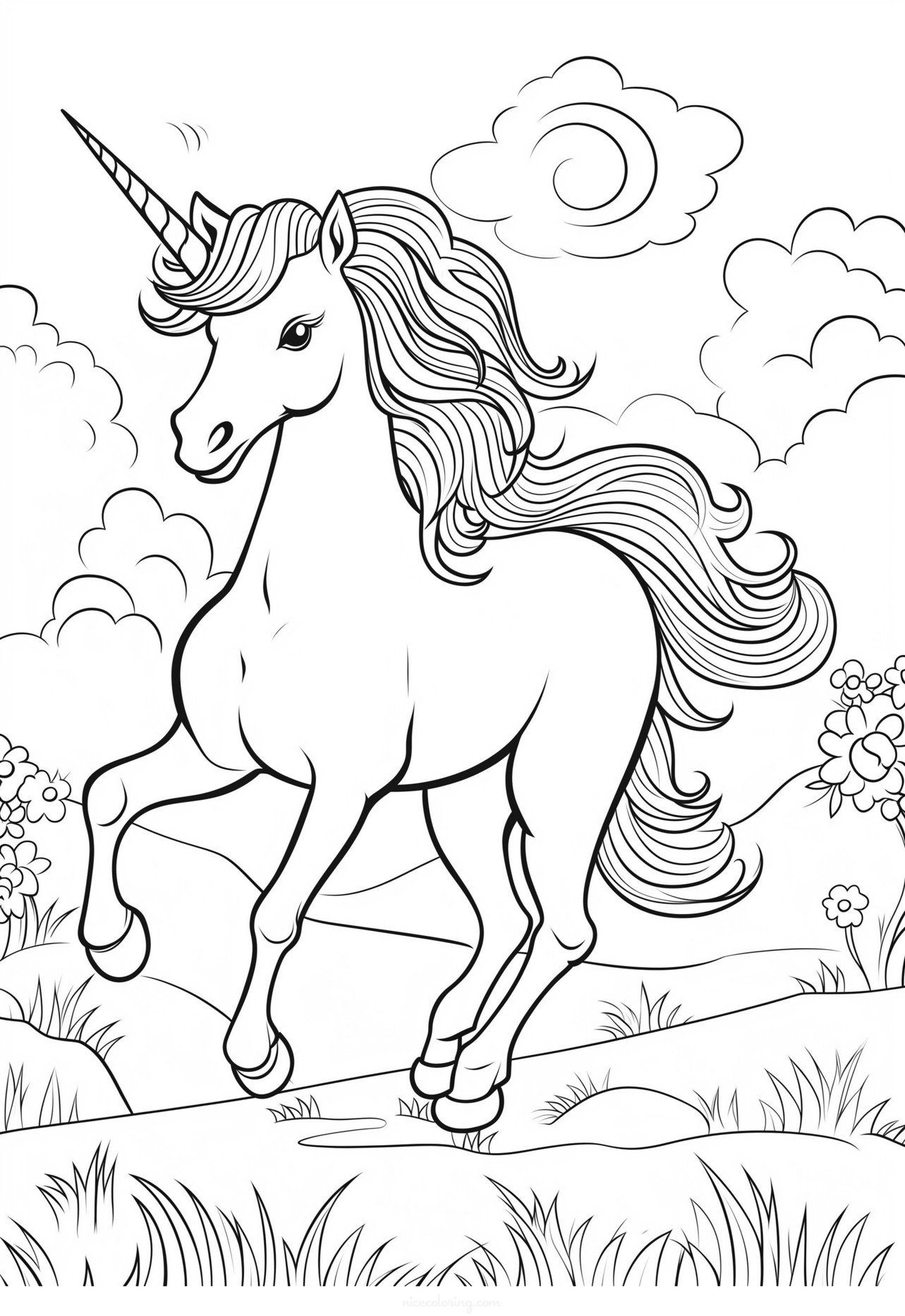 A unicorn in a magical forest coloring page