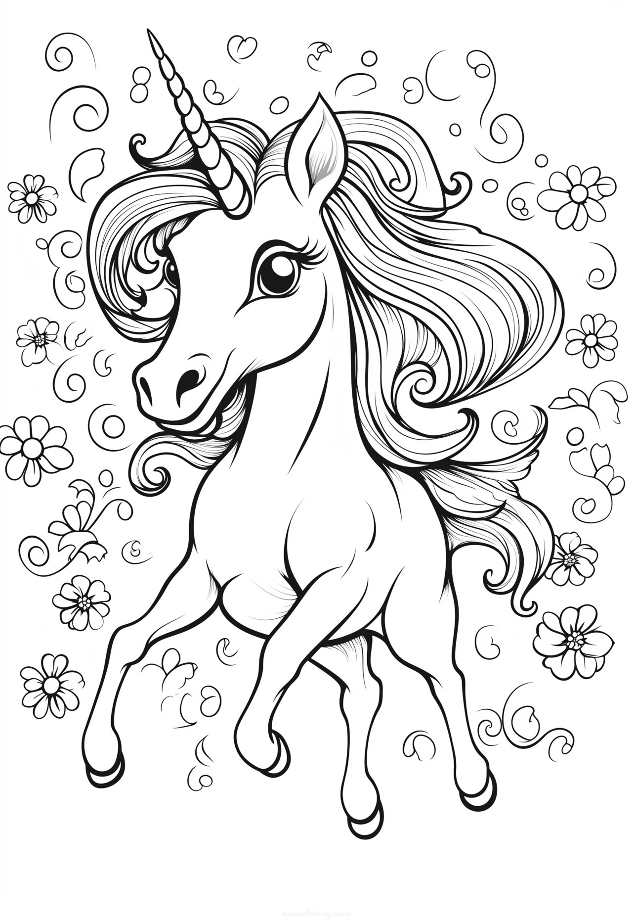 Enchanted unicorn in a mystical forest coloring page